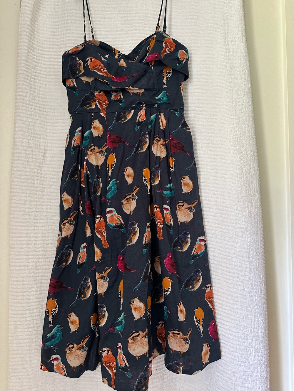 Anthropologie Maeve Navy Strapless Bird-Print Dress with Multicolor Accents